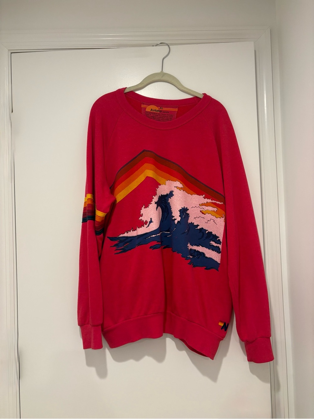 Aviator Nation Hot Pink Crewneck Sweatshirt with Multicolor Wave Graphic